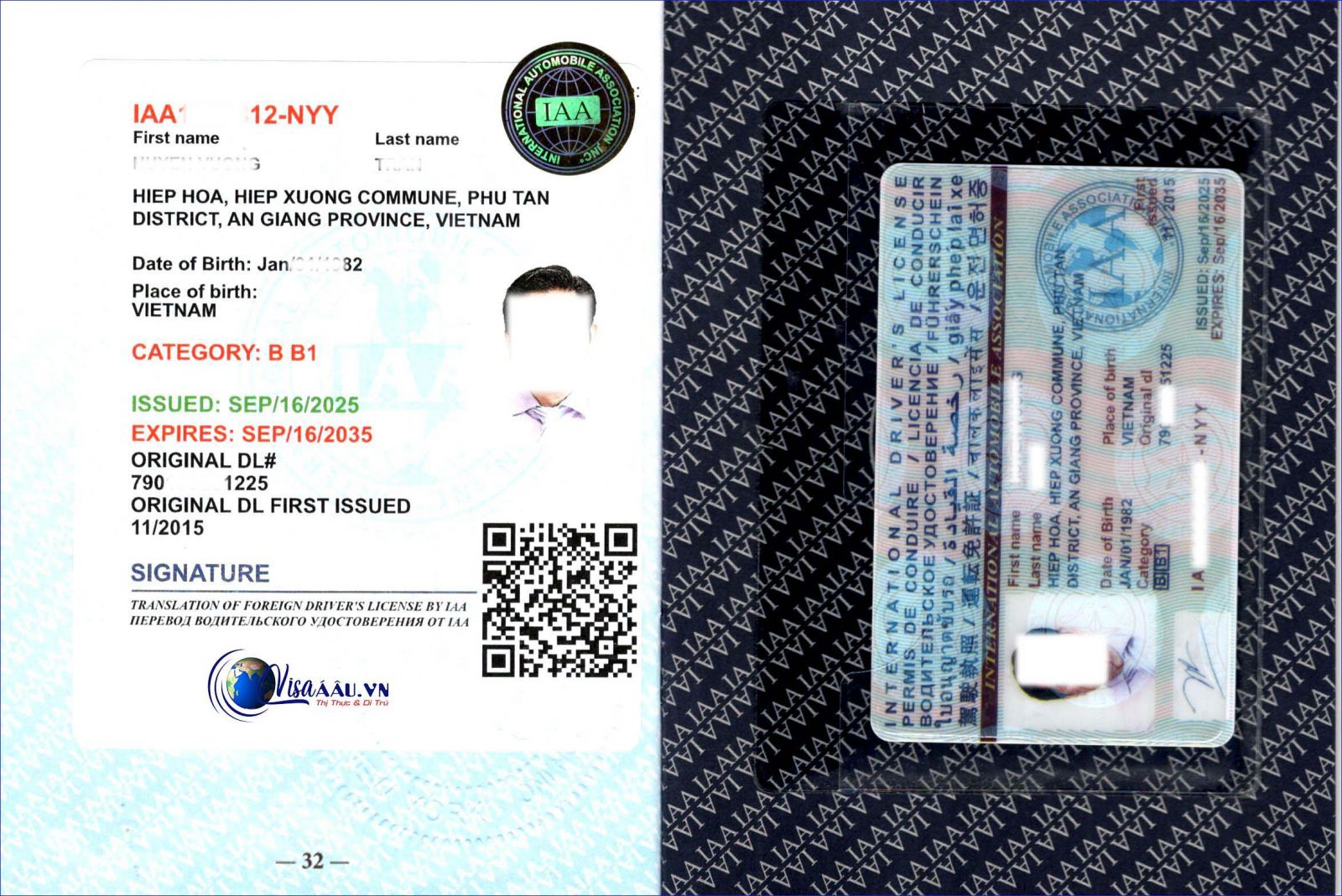 Mặt trong sổ bằng lái xe IAA, và thẻ nhựa PET