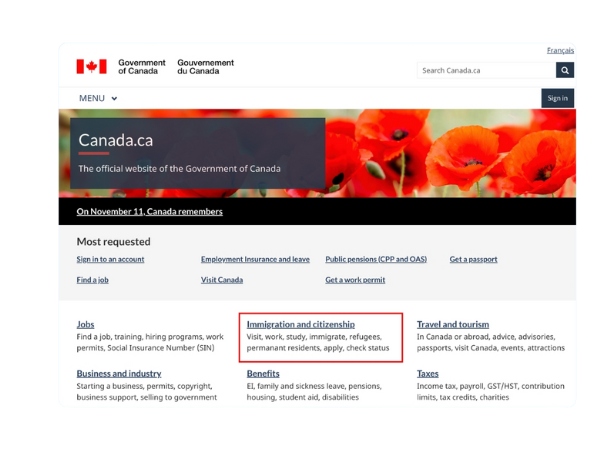 Truy cập vào trang web chính thức của Chính phủ Canada