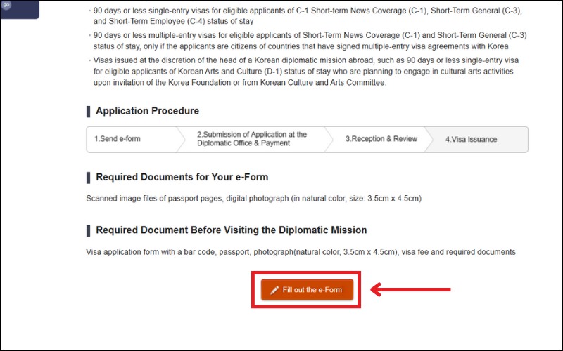 Nhấn Fill out the e-Form để bắt đầu khai đơn trực tuyến