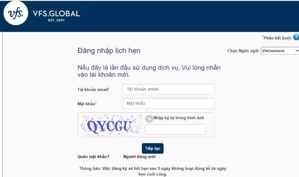 Đặt lịch hẹn lăn tay Canada trên website chính thức của VFS Global