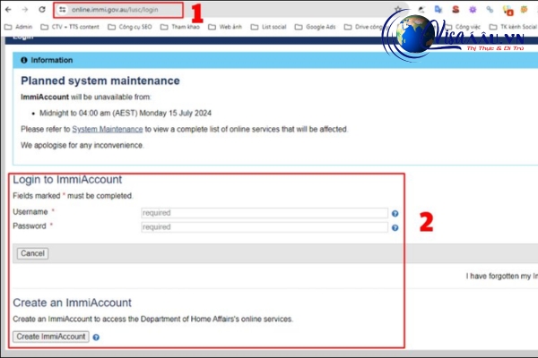 Đăng nhập vào trang web của Bộ nội vụ Úc