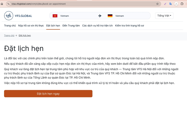 Truy cập trang web của VFS Global