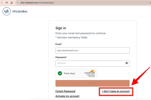 Chọn “I don't have an account” để đăng ký nếu chưa có tài khoản VFS Global