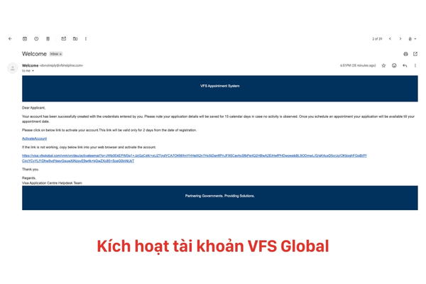 Vào email để kích hoạt tài khoản VFS Global